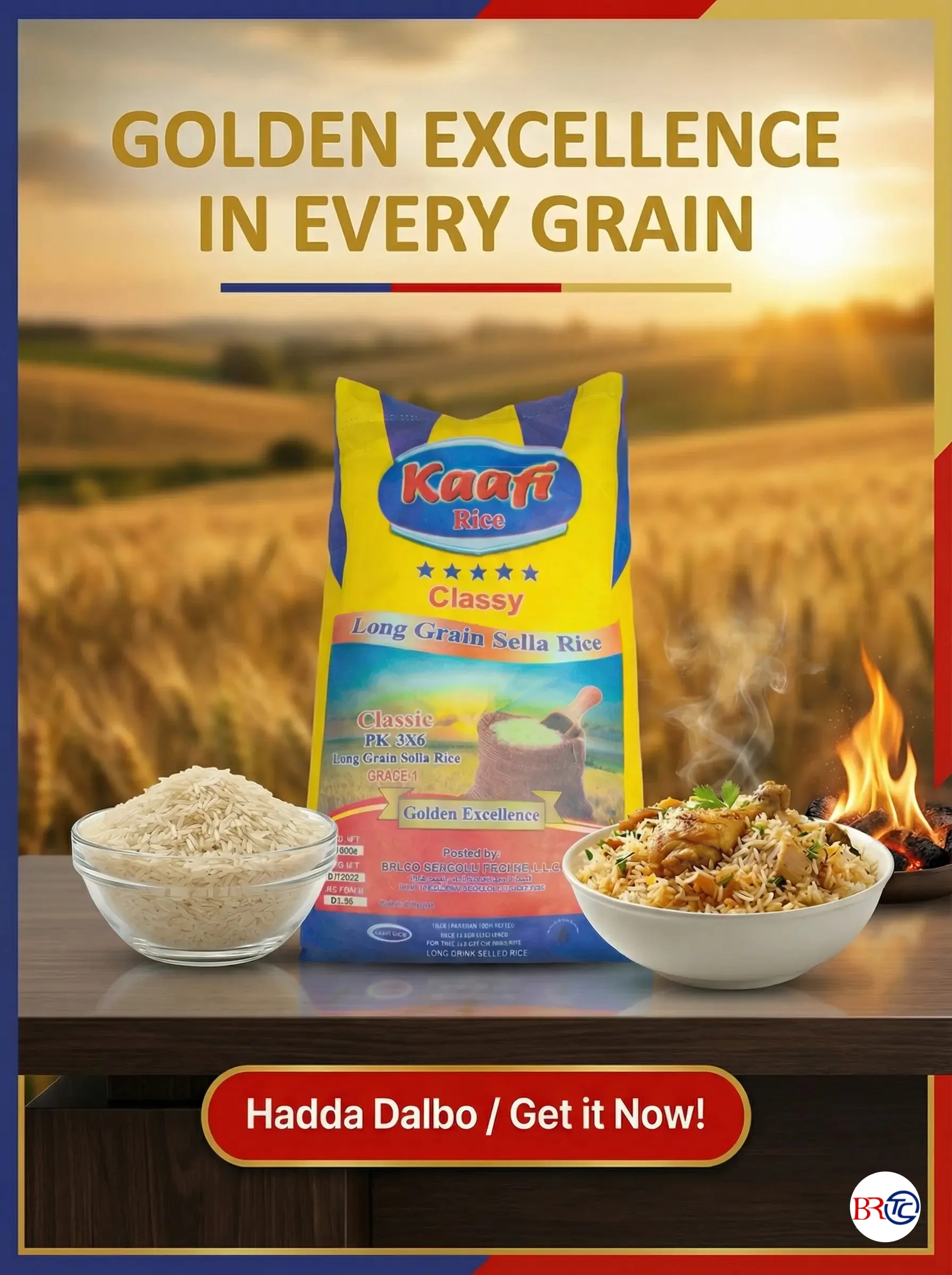 Kaafi Long Grain Sella Rice — golden excellence in every grain, distributed by BRTCO